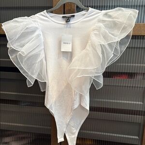 Forever 21 Elegant White Ruffle Sleeve Bodysuit